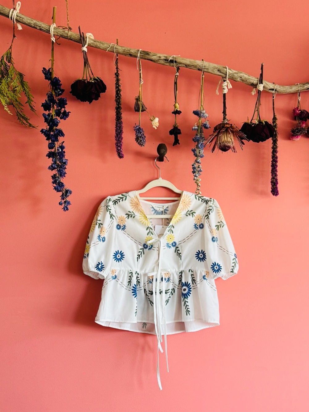 White Floral Print Peasant Top